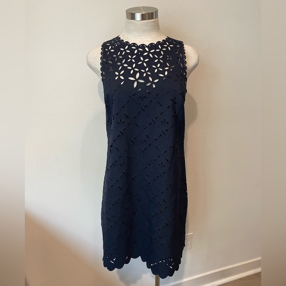 JCrew Navy Shift Dress | Size 4 | Laser cut Eyelet Dress w/ Slip - Picture 3 of 10